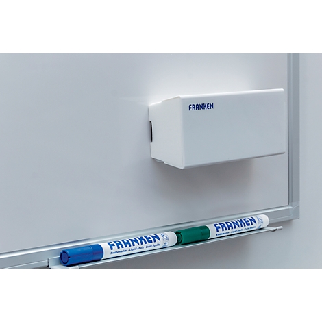 Whiteboard with shelf, pen holder and pens. Print 'FRANKEN'.