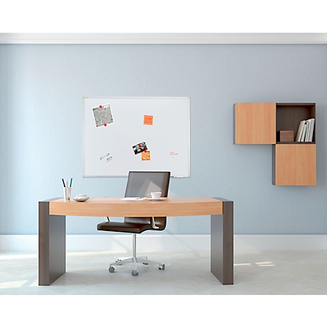 A modern office with desk, chair, whiteboard, and wall shelves.