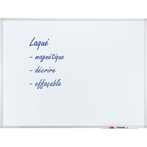 White, rectangular whiteboard with dark blue lettering. Text: 'Laqué - magnétique - décrire - effaçable'.