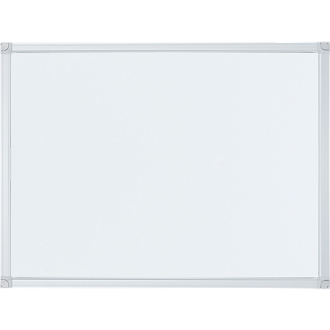 A rectangular whiteboard with a silver frame. The surface is white and empty.