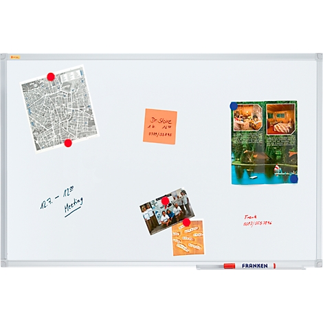 White whiteboard with maps, notes, photos and text. Red and blue magnets hold everything in place.