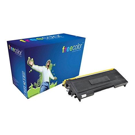 Tonerpatrone und Verpackung vor neutralem Hintergrund. Verpackung mit freecolor-Logo, Aufdruck eines Mannes. Die Patrone ist gelb/schwarz.