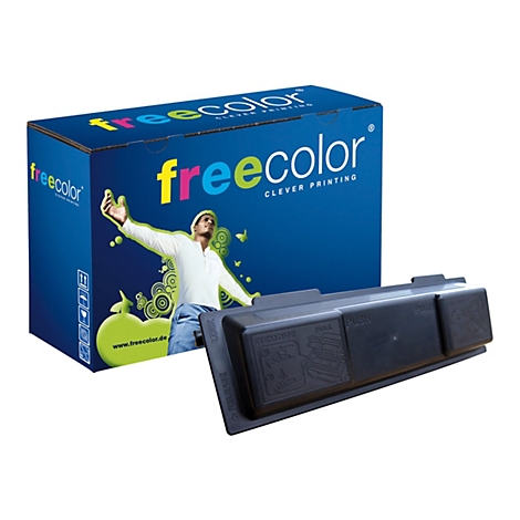 Schwarze Tonerkartusche mit Verpackung. Aufdruck: freecolor Clever Printing.