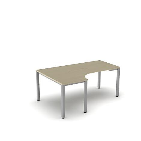Beige desk with silver legs, in L-shape, isolated on white background.