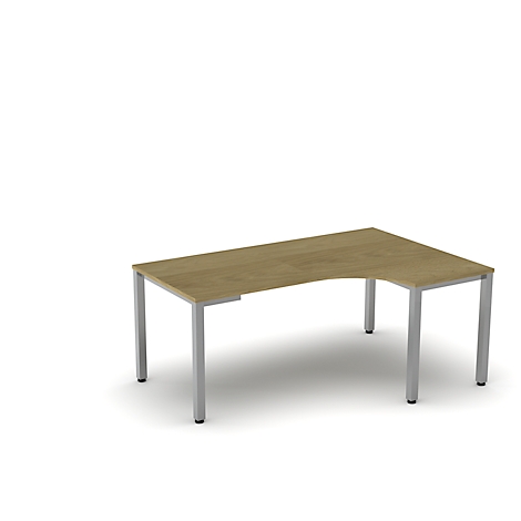 An L-shaped wooden desk with silver legs, against a white background.