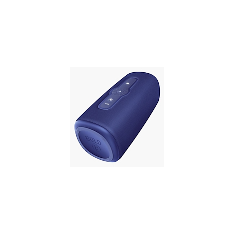 Haut-parleur cylindrique bleu avec boutons de commande et le mot "BOLD".