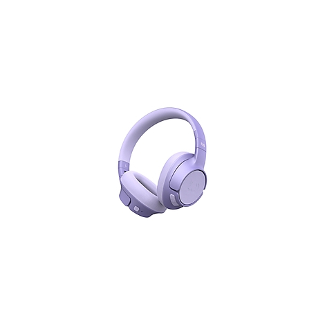 Casque violet clair, bandeau intérieur blanc. Des boutons sont situés sur l'écouteur.