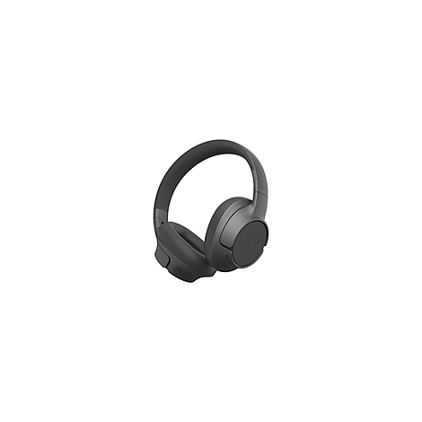 Casque gris foncé, en biais de face sur fond blanc. Écouteurs ronds, large bandeau.