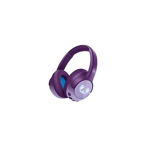 Casque violet avec un motif lumineux sur les écouteurs. Accents bleus à l'intérieur.
