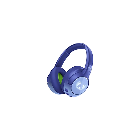 Casque bleu avec un logo blanc, détails en vert. "JBL" est écrit sur le bandeau.