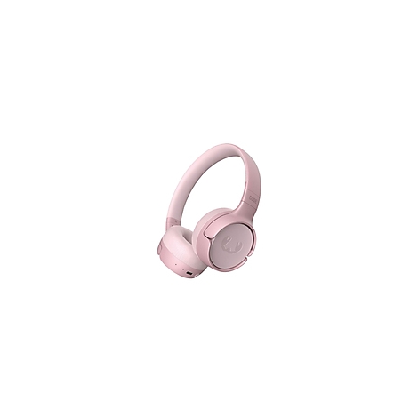 Casque rose clair sur fond blanc. Écouteurs et bandeau. Un petit logo est visible sur l'écouteur.