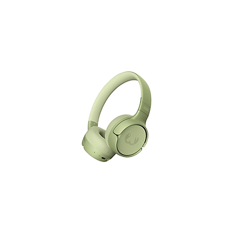 Gros plan sur un casque vert clair. Écouteurs ronds, bandeau rembourré.