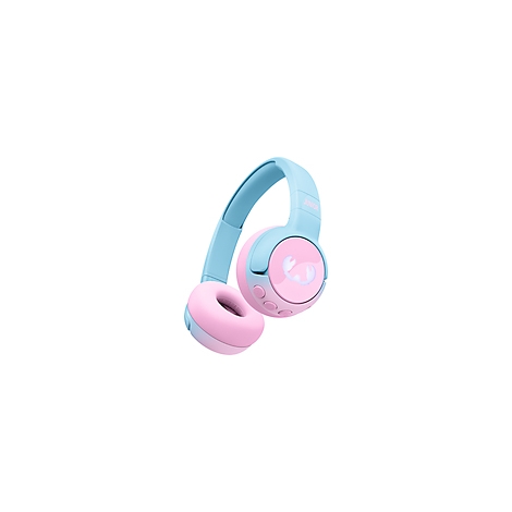 Casque audio bleu clair et rose, design avec oreillettes et bandeau réglable.