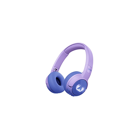 Casque violet clair, écouteurs bleus. Logo sur l'extérieur de l'écouteur.