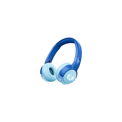 Casque bleu et bleu clair avec un logo, sur fond blanc.