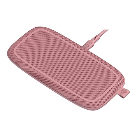 Station de recharge sans fil rose avec surface en mesh, logo et câble de recharge.