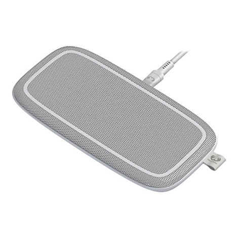 Chargeur rectangulaire gris clair avec bordure blanche et surface textile, connecté à un câble blanc.