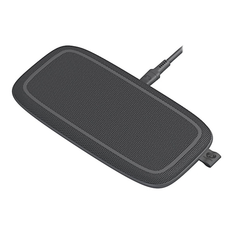 Station de recharge sans fil gris avec une surface texturée. Un câble de charge est connecté.