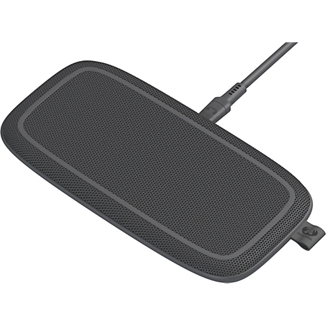 Chargeur sans fil, rectangulaire, gris, avec connexion d'alimentation, forme rectangulaire. Étiquette avec "FRESH REBEL".