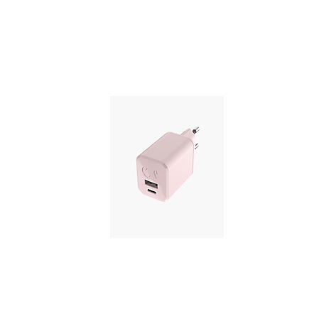 Chargeur USB-C rose clair avec deux ports. La prise est à droite.