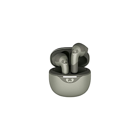 Hellgrüne Ohrhörer mit Ladecase, geöffnet. Auf den Ohrhörern und dem Case ist ein Logo mit einem stilisierten Tierkopf abgebildet.