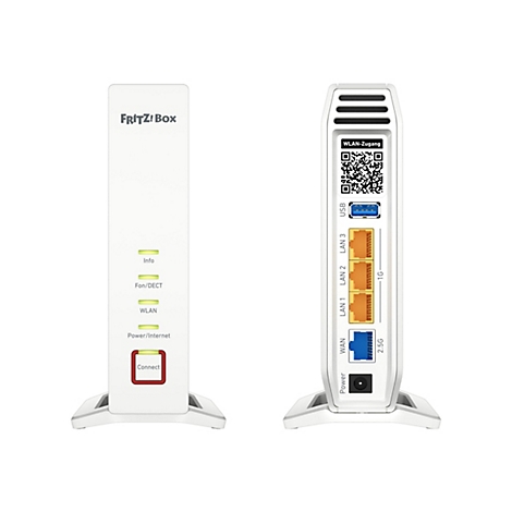 Ein weißer FRITZ!Box Router mit Anschlüssen und Anzeigen. Auf der Vorderseite leuchten Anzeigen für Info, Fon/DECT, WLAN und Power/Internet, sowie ein roter Connect-Button. Auf der Rückseite sind LAN-, USB- und WAN-Anschlüsse zu sehen.