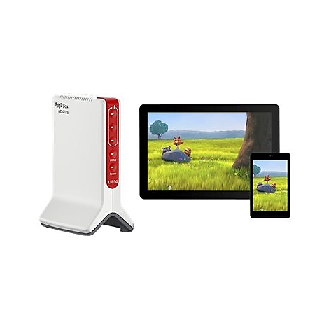 Router, Tablet und Smartphone zeigen Cartoon. Router hat rotes Panel mit WLAN, Power und LTE/5G. Auf den Geräten Cartoon von Füchsen.