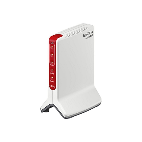 Ein weißes FRITZ!Box 6820 LTE Gerät mit roter Akzentleiste und LED-Anzeigen. WLAN, Power und LTE/3G Beschriftung.