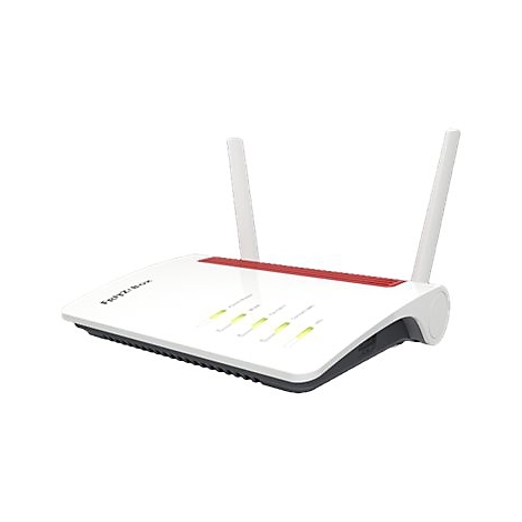 Ein weißer Router mit roten Akzenten und Antennen. Auf der Oberseite steht 'FRITZ!Box'.