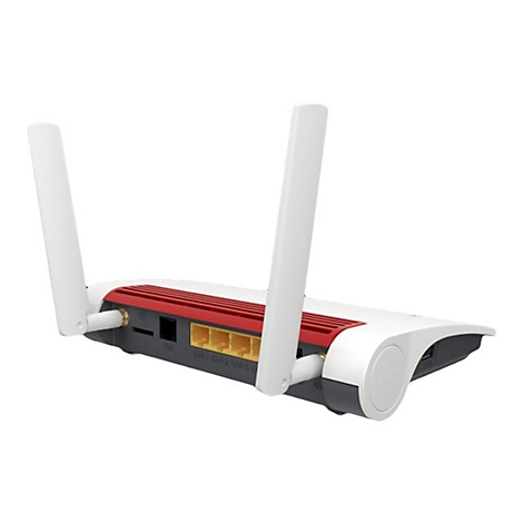 Ein weiß-roter Router mit zwei weißen Antennen, seitlich betrachtet. Auf der Rückseite gelbe Anschlüsse.