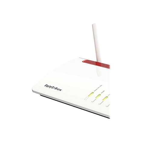 Gros plan sur un routeur blanc avec antenne. La marque Fritz!Box est reconnaissable, à côté, des indicateurs lumineux.