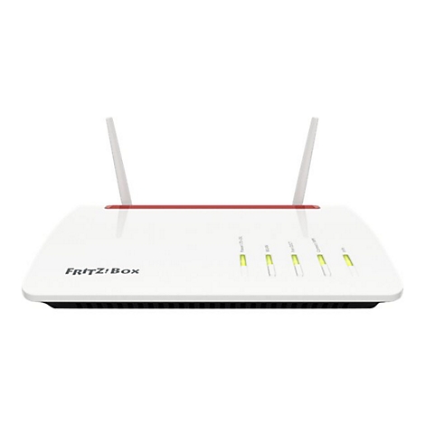 Ein weißer Router mit zwei Antennen. Auf der Oberseite sind Anzeigen zu sehen. Das Logo "FRITZ!Box" steht vorne.