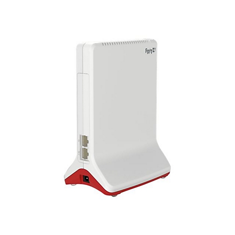Ein weißer Router mit roter Basis, Logo 'Fritz!'. Anschlüsse und ein Stromanschluss sind sichtbar.