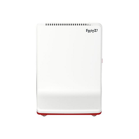 Weißer Router mit roter Basis und "FRITZ!"-Schriftzug. Oben mit Metallösen.