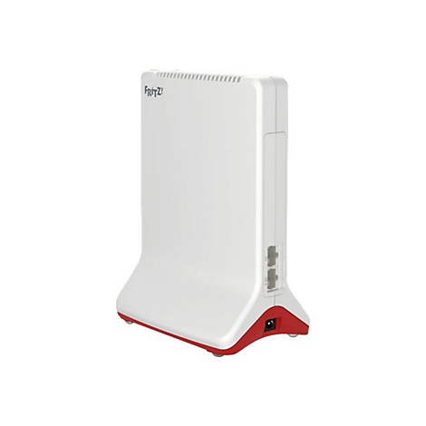 Weißer Router mit roter Basis, Marke Fritz! Seitlich Anschlüsse. Netzteilanschluss, daneben ein roter Kreis.