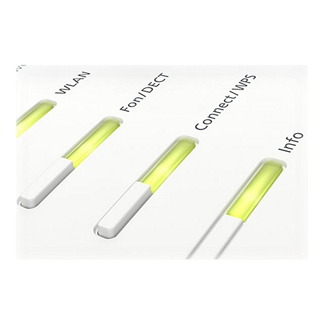 Nahaufnahme von Router-LEDs: WLAN, Fon/DECT, Connect/WPS und Info leuchten gelb.