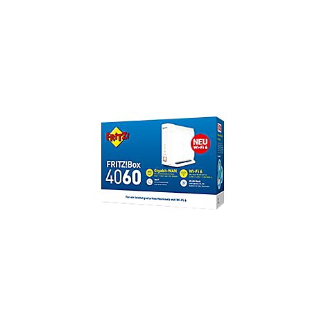 Blauer Produktkarton der FRITZ!Box 4060 mit abgebildetem Router, Wi-Fi 6 und Gigabit-WAN Logos.