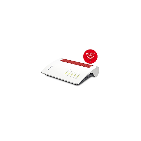 Weißer Router mit roten Akzenten. Oben rechts ein rotes Wi-Fi 7 Symbol. Vier grüne Lichter.