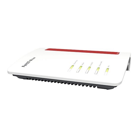 Weißer Fritz!Box Router mit rotem Zierstreifen und leuchtenden Status-LEDs auf weißem Hintergrund.