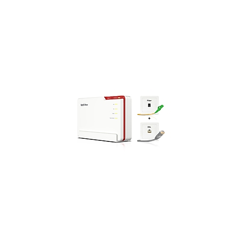 Un routeur blanc avec un accent rouge, à côté duquel se trouvent deux prises murales, une pour la fibre optique avec un câble vert, une pour le DSL avec un câble gris.
