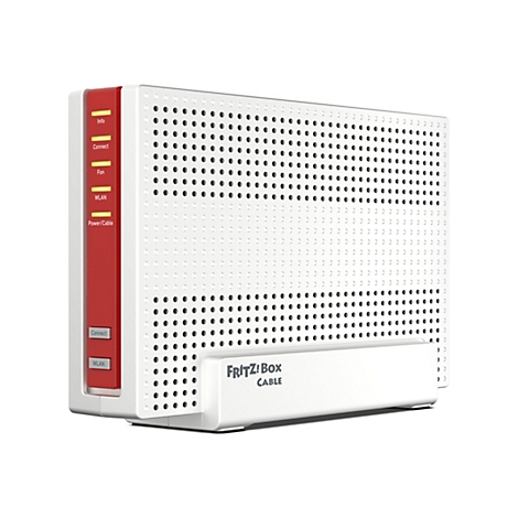 Weiße FRITZ!Box Cable mit roter Frontseite, Status-LEDs und Belüftungsmuster auf weißem Hintergrund.