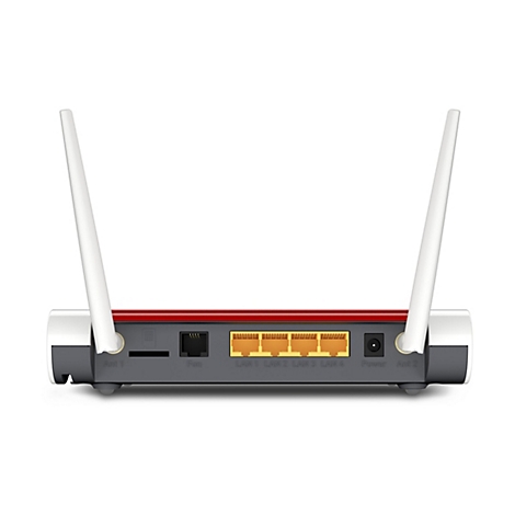Rückseite eines weißen und roten Routers mit zwei Antennen. Es gibt Anschlüsse für LAN, Strom und Antennen.