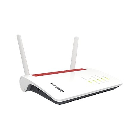 Weißer Fritz!Box WLAN-Router mit zwei Antennen und rotem Zierstreifen vor weißem Hintergrund.