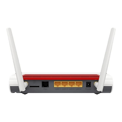 Rückseite eines FRITZ!Box Routers mit zwei Antennen, vier gelben LAN-Anschlüssen und Stromanschluss.