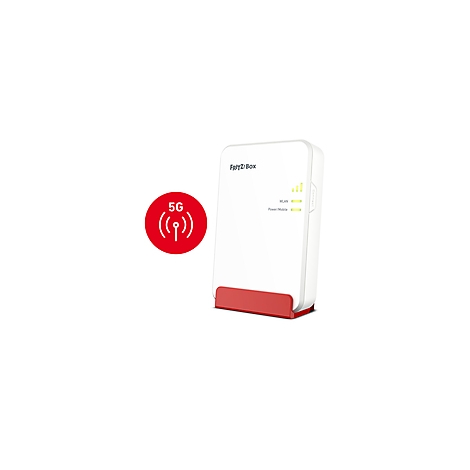 Routeur FritZ!Box blanc avec support rouge, à côté d'un cercle 5G rouge. Voyants WLAN et alimentation.