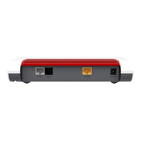 Rückseite eines weiß-roten Routers mit DSL-, Fon-, LAN-Anschlüssen und einem Stromanschluss.