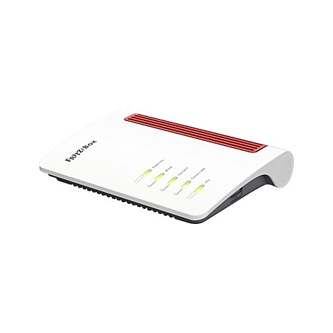 Ein weißer Router mit roter Zierleiste, Beschriftung FRITZ!Box, Leuchten und Bedienelementen.