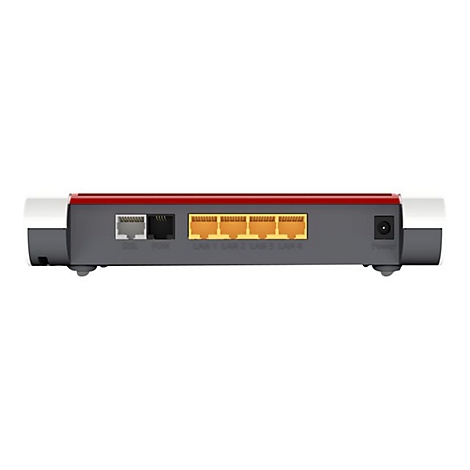 Rückseite eines FRITZ!Box Routers mit DSL-, Fon-, vier gelben LAN-Anschlüssen und einem Stromanschluss.