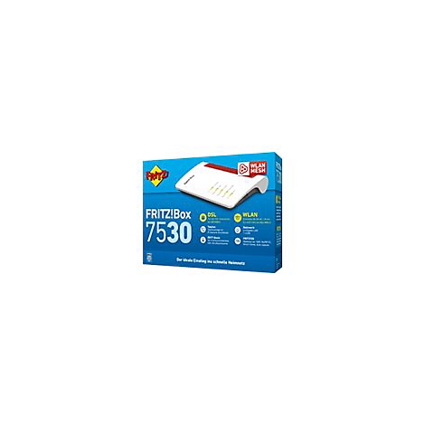 Produktverpackung der FRITZ!Box 7530 auf blauem Hintergrund mit technischer Geräteübersicht.