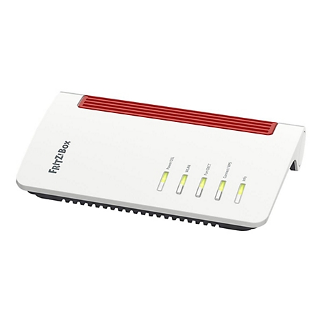 Weiß-roter FRITZ!Box Router mit fünf leuchtenden Status-LEDs auf schrägem Gehäuse.